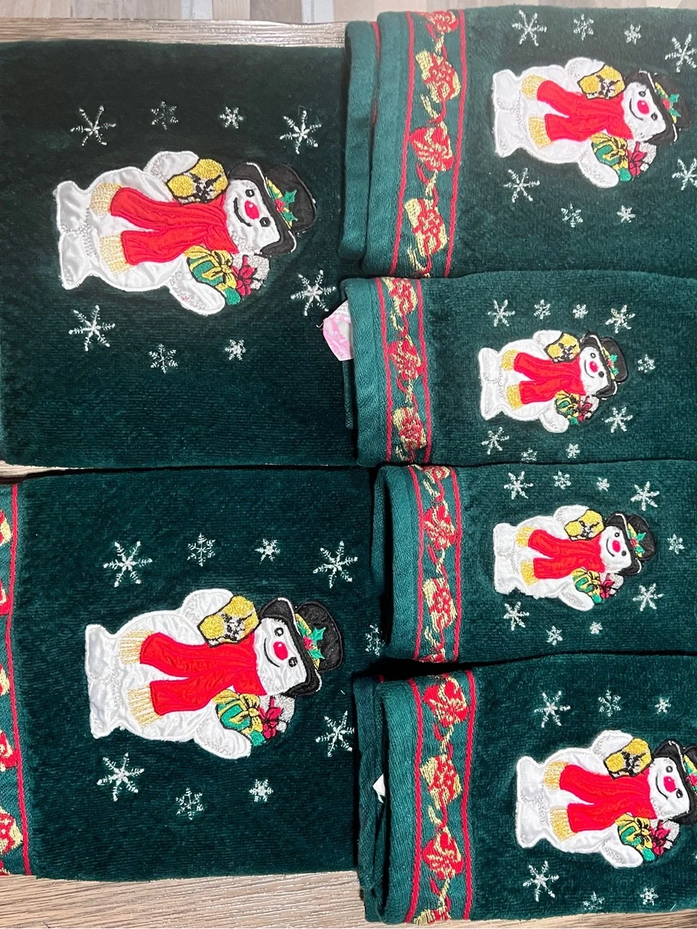 Vintage Jcpenny Dark Green Snowman Embroidered Holiday Bath Towel Set 1980s